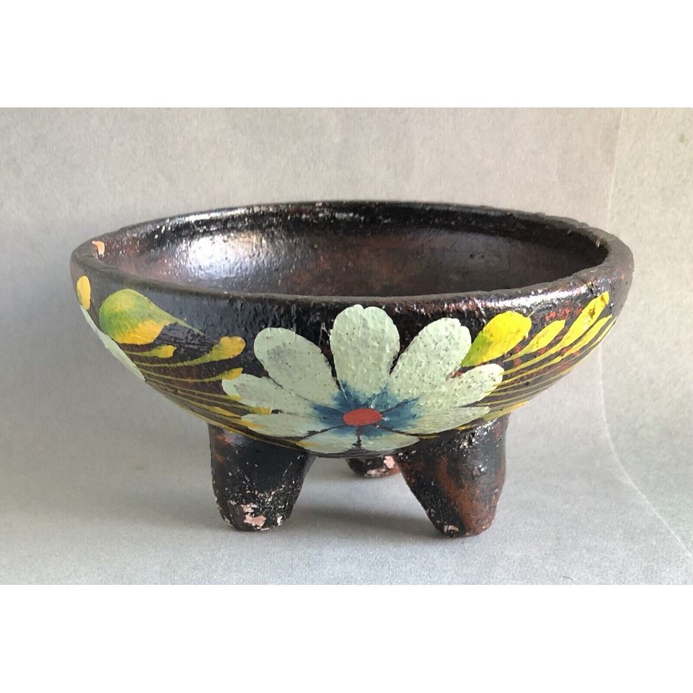 Mexican Terracotta Clay Handmade/Painted 3 Legged Shallow Planter 7" X 3.5"